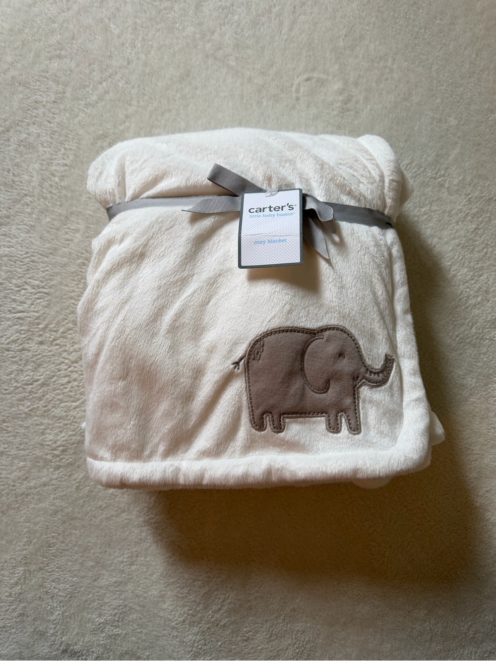 Carter's White Plush Baby Blanket with Grey Elephant